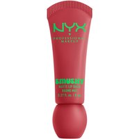 Red NYX matte lip balm tube with green text, rounded cap, and 8 ml size, labeled "Smushy Matte Lip Balm Snuggle SZN."