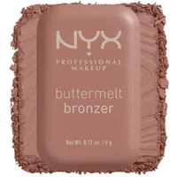 NYX Buttermelt Bronzer 03 Deserve Butta, rectangular compact with embossed logo, surrounded by crushed powder.