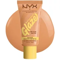 NYX Buttermelt Glaze Skin Tint SPF 30 in Vanilla Bean Butta, beige tube with yellow cap, creamy texture backdrop.