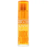 Orange-capped NYX Duck Plump Lip Gloss in Clearly Spicy, transparent tube with bold orange text.
