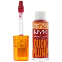 NYX Duck Plump Lip Gloss in Hall Of Flame, orange tube with white text, red gloss visible on applicator wand.