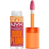 NYX Duck Plump Lip Gloss in Strike A Rose, pink shade, clear tube with orange cap and applicator.