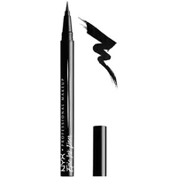 Black NYX Epic Ink Liner with pointed felt tip and removable cap, showing a bold black ink stroke.