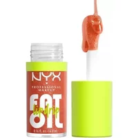 NYX Fat Oil Lip Drip in "Follow Back," bright lime cap, clear tube, orange lip oil with doe-foot applicator.