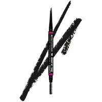 Black NYX brow pencil with spoolie, ultra-fine tip, and bold black strokes in background.