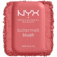 NYX Buttermelt Blush in pink compact, embossed logo, surrounded by crushed blush powder.