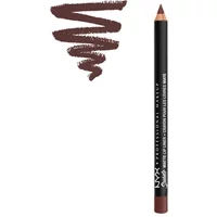NYX Suede Matte Lip Liner in Cold Brew, dark brown pencil with a sharp tip and swatch showing rich brown color.