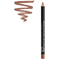NYX Suede Matte Lip Liner in Soft-Spoken, black pencil with brown tip, swatch showing smooth, rich brown color.