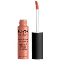 NYX Soft Matte Lip Cream Abu Dhabi, peachy nude shade, black cap, doe-foot applicator.