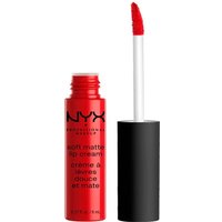 Red NYX Soft Matte Lip Cream Amsterdam with black cap and doe-foot applicator.
