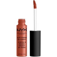 NYX Soft Matte Lip Cream in Leon, peachy nude shade, black cap with applicator wand, sleek cylindrical tube.