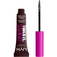 NYX Thick It. Stick It! Brow Mascara in Espresso, brown tube with pink cap and spoolie brush.
