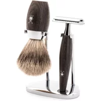Mühle Kosmo Pur shaving kit with dark oak brush, chrome safety razor, and matching stand.