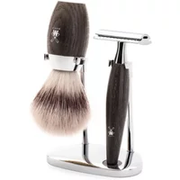 Oak Safety Shaving Kit Mühle Kosmo with dark wood handle razor, matching brush, and chrome stand.