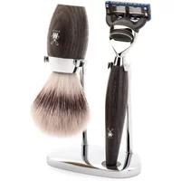 Oak Mühle Kosmo Fusion shaving set with brush and razor on chrome stand, dark wood handles.