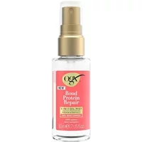 OGX Bond Protein Repair 3-In-1 Oil Mist, 50ml clear bottle with gold spray cap and pink label.