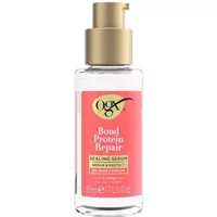 Clear bottle with gold pump, pink label, "OGX® Bond Protein Repair Sealing Serum 50ml" text in white and gold.