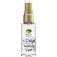 Clear bottle of OGX Rescue Fusions Frizz Oil, 50 ml, with gold pump and coconut oil label design.