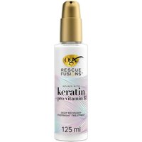 OGX Rescue Fusions Overnight Serum 125 ml with gold pump, white bottle, and pastel label detailing keratin formula.