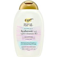 OGX Rescue Fusions Shampoo 385 ml, white bottle with gold cap, hyaluronic acid and pro-vitamin B5 label.