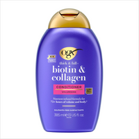 Purple OGX conditioner bottle with gold cap, labeled "Thick & Full Biotin & Collagen," 385ml size.