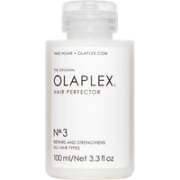 Clear bottle of Olaplex Hair Perfector No. 3 with black text, 100ml size, white cap, for repairing and strengthening hair.