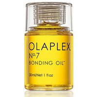 Clear bottle of Olaplex No. 7 Bonding Oil, 30ml, with yellow liquid and black text label.