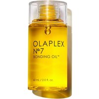 Clear bottle of Olaplex No.7 Hair Bonding Oil, 60 ml, with yellow liquid and black text on the front.