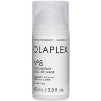 White Olaplex No. 8 Bond Intense Moisture Mask bottle, 100ml, with pump dispenser and black text detailing.