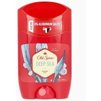Red Old Spice Deep Sea deodorant stick, 50g, with blue leaf design and "0% aluminum salts" label.