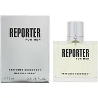 "Clear glass bottle of Oleg Cassini Reporter For Men deodorant spray with silver cap, next to matching silver box."
