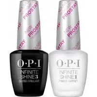 OPI Infinite Shine set with black gloss and white primer bottles, silver caps with pink "ProStay" text.