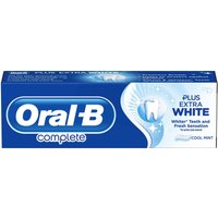 Blue and white Oral-B Complete Extra White Mint Toothpaste box, 75 ml, with tooth graphic and mint leaves.