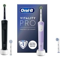 Oral-B Vitality Pro electric toothbrush set with black and lavender handles, extra brush heads, and packaging box.