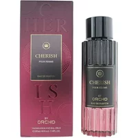 Orchid Cherish Pour Femme Eau De Parfum 100ml, black and pink ribbed bottle with matching pink box.