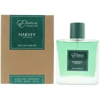 Clear glass bottle with green perfume, silver cap, and green label next to brown box labeled "Orchid Elation Harvey."