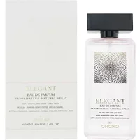 Clear glass bottle with black cap, Orchid Elegant Eau De Parfum 100ml, intricate silver design on label.