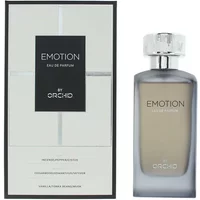 "Clear glass bottle of Orchid Emotion Eau De Parfum 100ml with silver cap and black label, next to matching box"