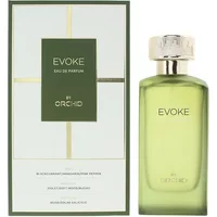Orchid Evoke Eau De Parfum 100ml in a green glass bottle with a silver cap, next to a matching green and white box.