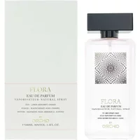 Clear glass bottle of Orchid Flora Eau De Parfum 100ml with black cap and floral design on label, next to matching box.