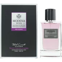 Orchid Modena Sicilia perfume, 85ml clear bottle with pink liquid, black cap, next to black and purple box.