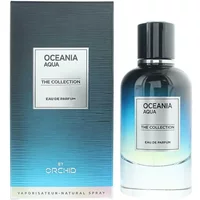Orchid Oceania Aqua Eau De Parfum 100ml, gradient blue bottle with black cap, matching blue gradient box.