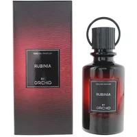 Orchid Rubinia Eau De Parfum 100ml, dark red bottle with black cap and matching box.