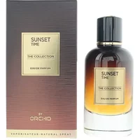 Orchid Sunset Time Eau De Parfum 100ml, gradient amber bottle with black cap, gold label, next to matching box.