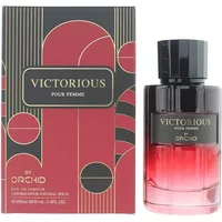 Orchid Victorious Pour Femme Eau De Parfum 100ml, black and red gradient bottle with matching box design.