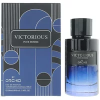 "Orchid Victorious Pour Homme Eau De Parfum 100ml, dark blue gradient bottle with black cap, matching blue box"