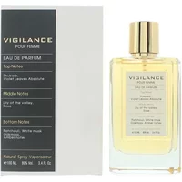 Orchid Vigilance Pour Femme Eau De Parfum 100ml, clear glass bottle with gold cap, next to white and black box.