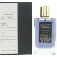 Orchid Vigilance Pour Homme Eau De Parfum 100ml, clear bottle with gold cap, black label, next to black box.