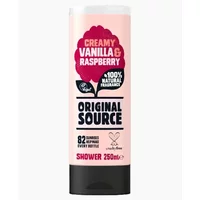 Original Source Creamy Vanilla & Raspberry Shower Gel 250ml, pink label with raspberry graphic, black cap.