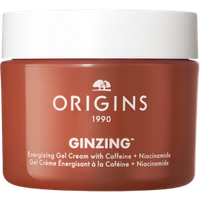 Origins Ginzing Energising Gel Face Cream, 50ml, in an orange jar with white lid and bold white text.